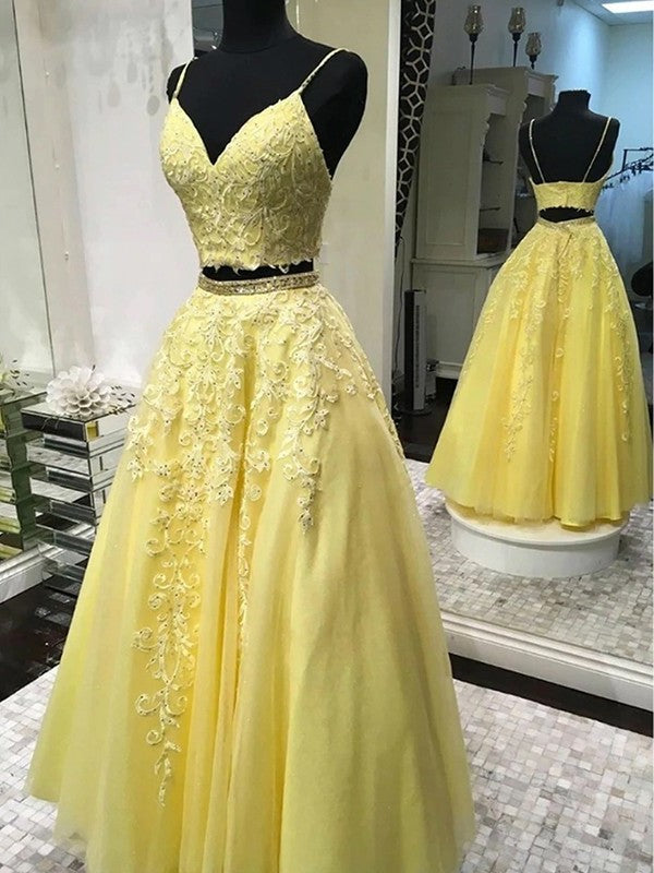 A-Line/Princess Tulle Applique Sleeveless V-neck Floor-Length Two Piece Dresses DEP0001872