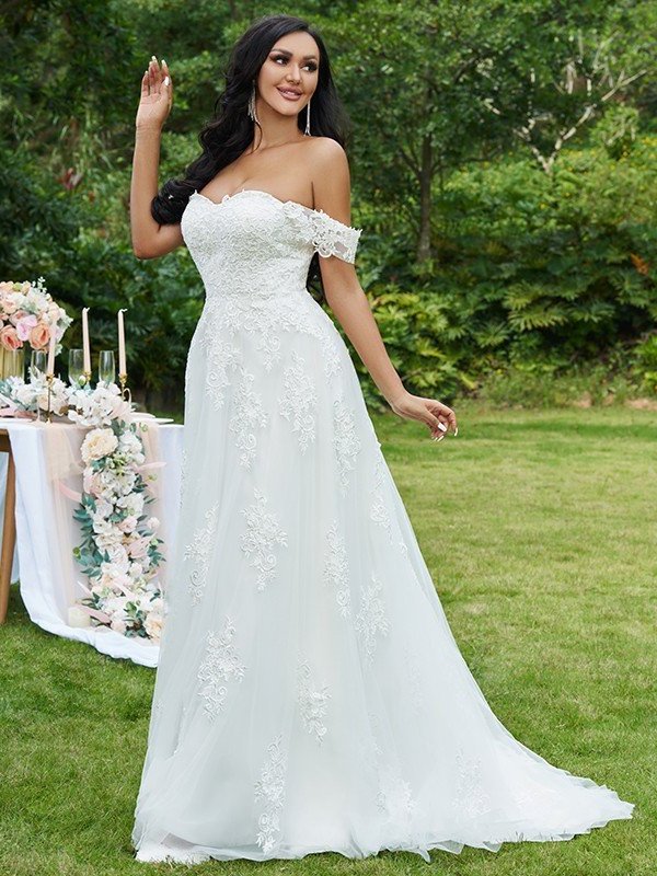A-Line/Princess Lace Applique Off-the-Shoulder Sleeveless Sweep/Brush Train Wedding Dresses DEP0005911