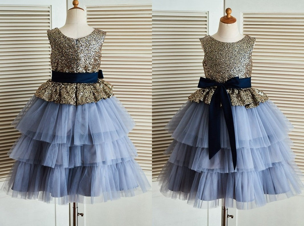A-Line/Princess Tea-Length Scoop Sequin Sleeveless Tulle Flower Girl Dresses DEP0007921