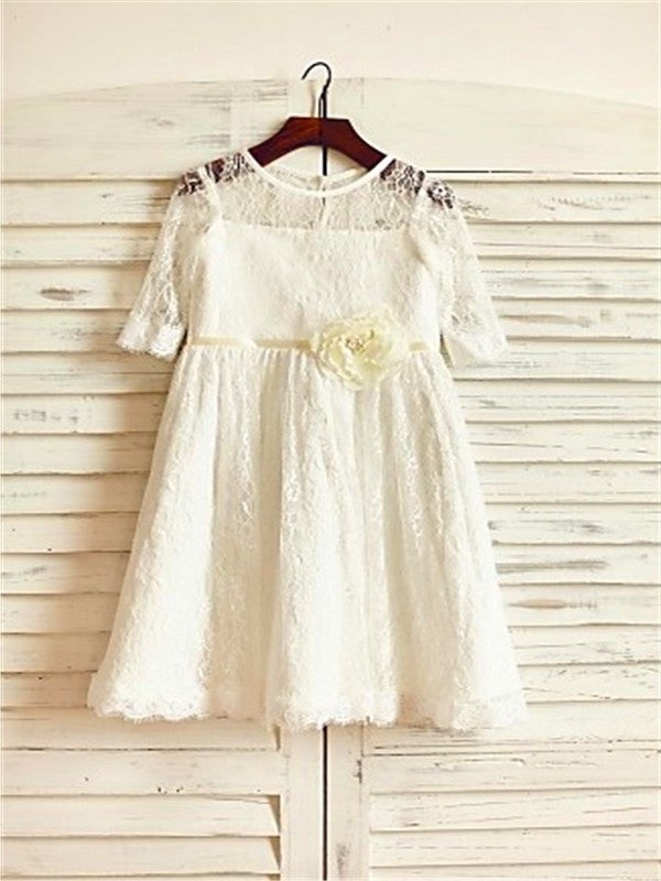 A-line/Princess Scoop Hand-made Flower 3/4 Sleeves Ankle-Length Lace Flower Girl Dresses DEP0007874