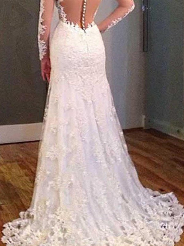 Trumpet/Mermaid Long Sleeves V-neck Sweep/Brush Train Applique Lace Wedding Dresses DEP0006226