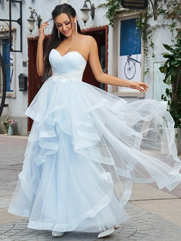 A-Line/Princess Tulle Applique Sweetheart Sleeveless Floor-Length Dresses DEP0001558