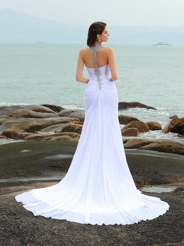 Sheath/Column Straps Beading Sleeveless Long Chiffon Beach Wedding Dresses DEP0006130