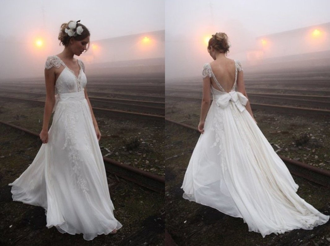 A-Line/Princess V-neck Sweep/Brush Train Sleeveless Lace Chiffon Wedding Dresses DEP0006159