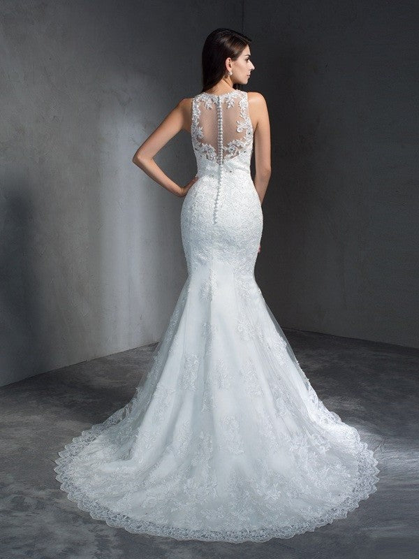 Trumpet/Mermaid Scoop Applique Sleeveless Long Lace Wedding Dresses DEP0006136