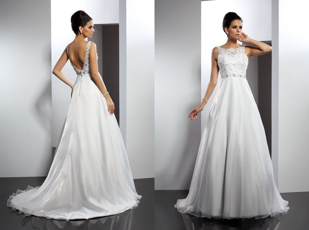 A-Line/Princess Scoop Ruffles Sleeveless Long Satin Wedding Dresses DEP0006433
