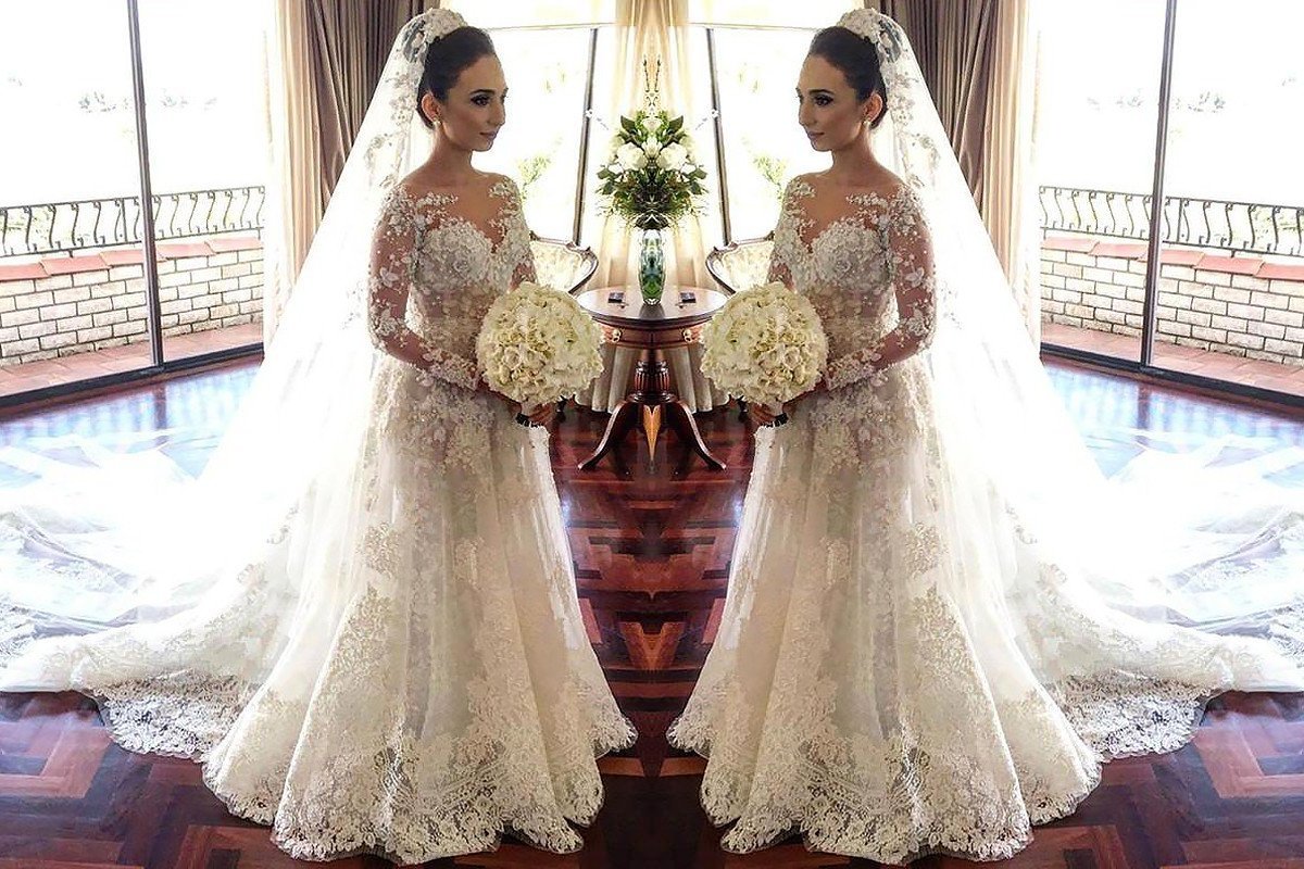 A-Line/Princess Bateau Long Sleeves Lace Chapel Train Tulle Wedding Dresses DEP0006106
