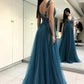 A-Line/Princess Sleeveless V-neck Floor-Length Applique Tulle Dresses DEP0002347