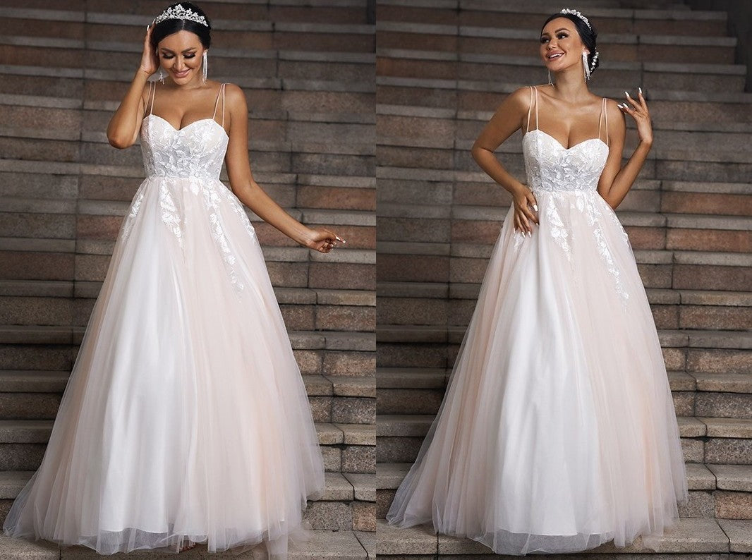 A-Line/Princess Tulle Applique Sweetheart Sleeveless Sweep/Brush Train Wedding Dresses DEP0006507