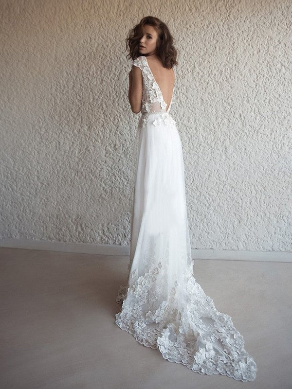 A-Line/Princess Tulle Applique V-neck Sleeveless Sweep/Brush Train Wedding Dresses DEP0006481
