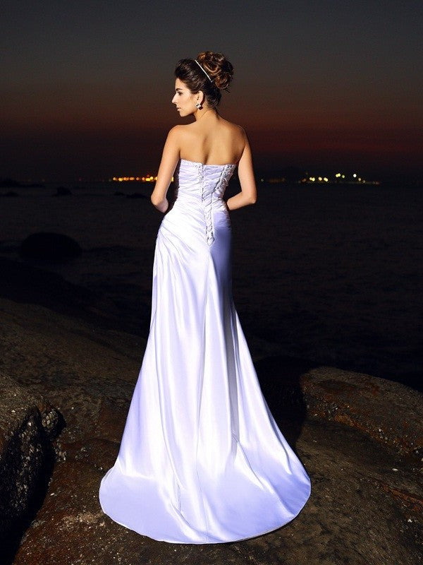 Trumpet/Mermaid Sweetheart Sleeveless Long Elastic Woven Satin Beach Wedding Dresses DEP0006651