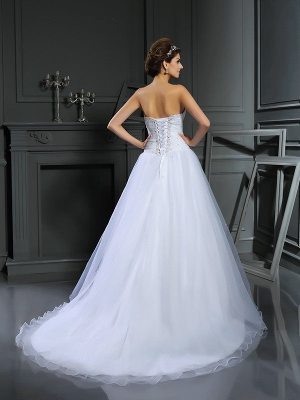 Ball Gown Sweetheart Beading Sleeveless Long Satin Wedding Dresses DEP0006593