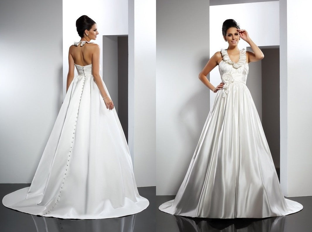 A-Line/Princess Halter Hand-Made Flower Sleeveless Long Satin Wedding Dresses DEP0006918