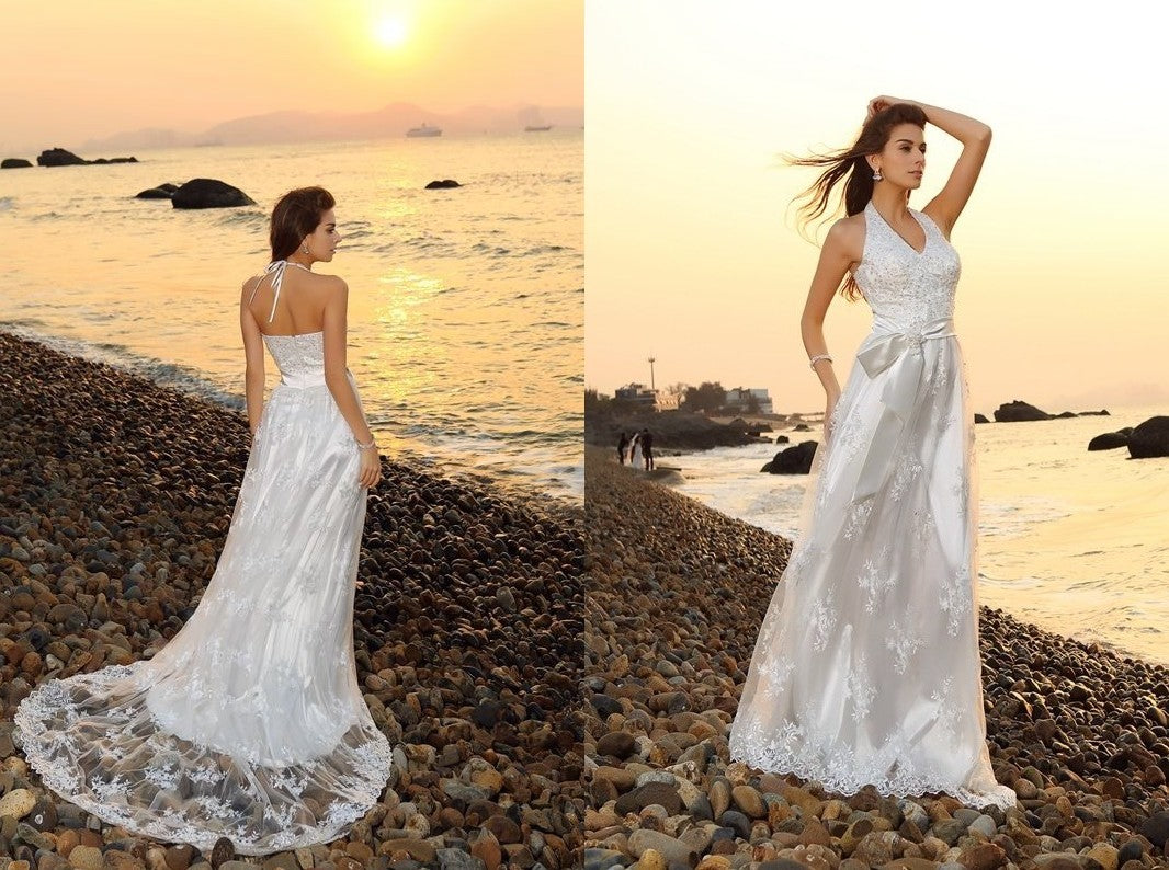 A-Line/Princess Halter Sash/Ribbon/Belt Sleeveless Long Lace Beach Wedding Dresses DEP0006523