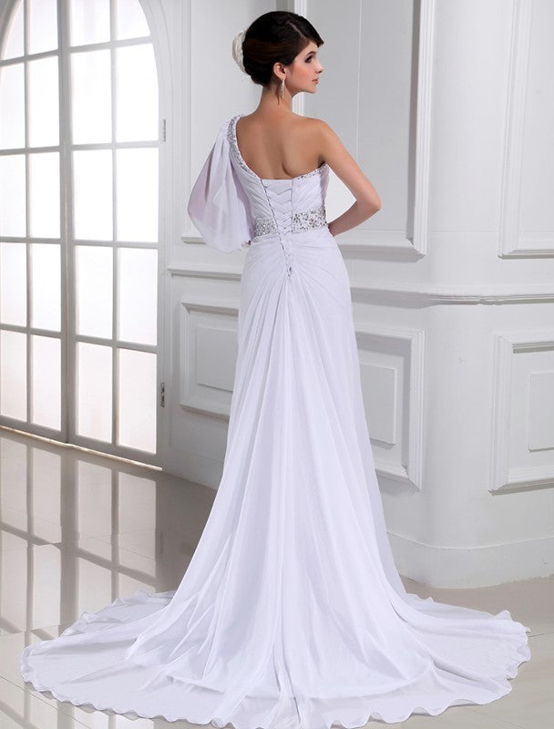 A-Line/Princess Beading One-shoulder One-sleeve Chiffon Wedding Dresses DEP0006753