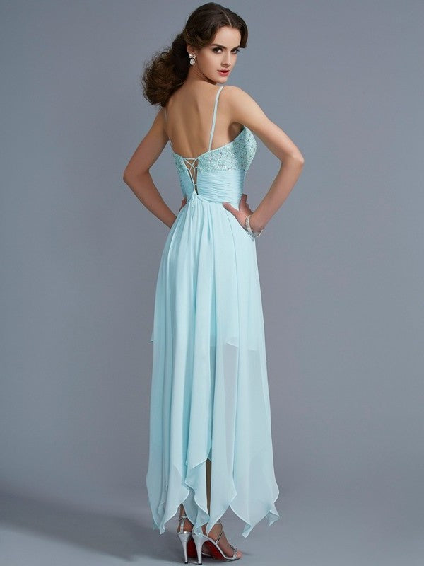 A-Line/Princess Spaghetti Straps Sleeveless Beading High Low Chiffon Homecoming Dresses DEP0008123