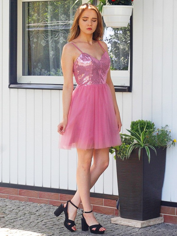 A-Line/Princess Sleeveless Tulle Sequin Spaghetti Straps Short/Mini Homecoming Dresses DEP0004827
