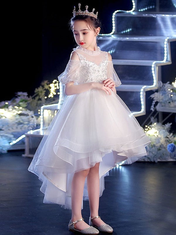 A-Line/Princess Tulle Applique Scoop Short Sleeves Asymmetrical Flower Girl Dresses DEP0007509