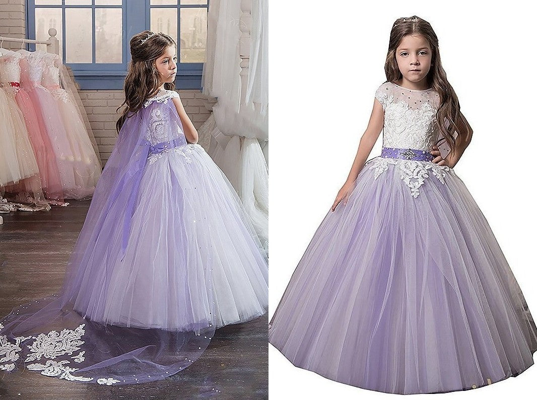 Ball Gown Jewel Sleeveless Applique Floor-Length Tulle Flower Girl Dresses DEP0007724