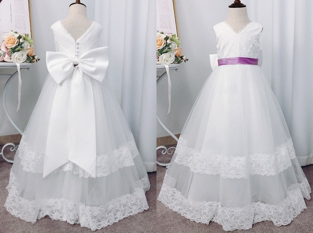 A-Line/Princess Tulle Lace V-neck Sleeveless Floor-Length Flower Girl Dresses DEP0007936