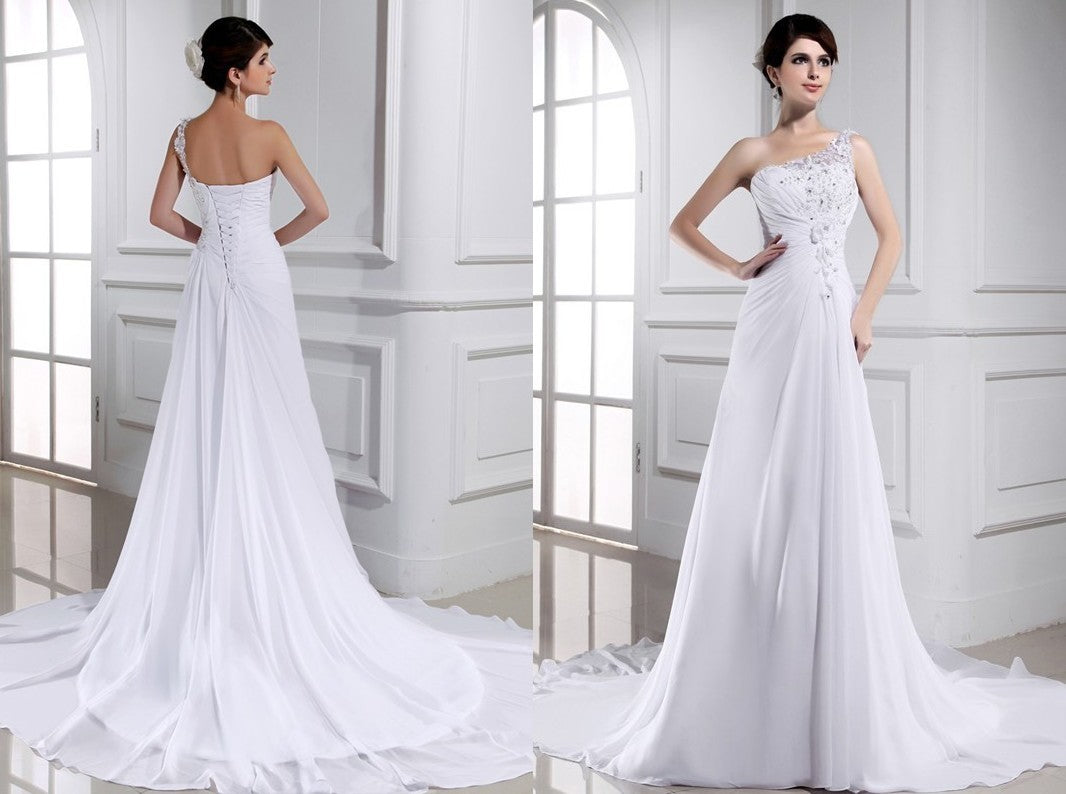 A-Line/Princess Beading One-shoulder Sleeveless Long Chiffon Wedding Dresses DEP0006799