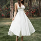 A-Line/Princess Ruffles V-neck Sleeveless Satin Tea-Length Wedding Dresses DEP0005969