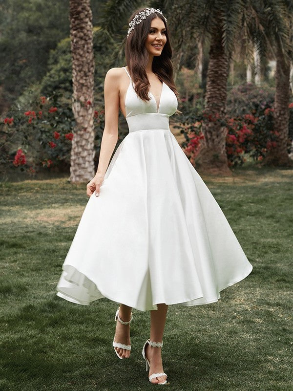 A-Line/Princess Ruffles V-neck Sleeveless Satin Tea-Length Wedding Dresses DEP0005969