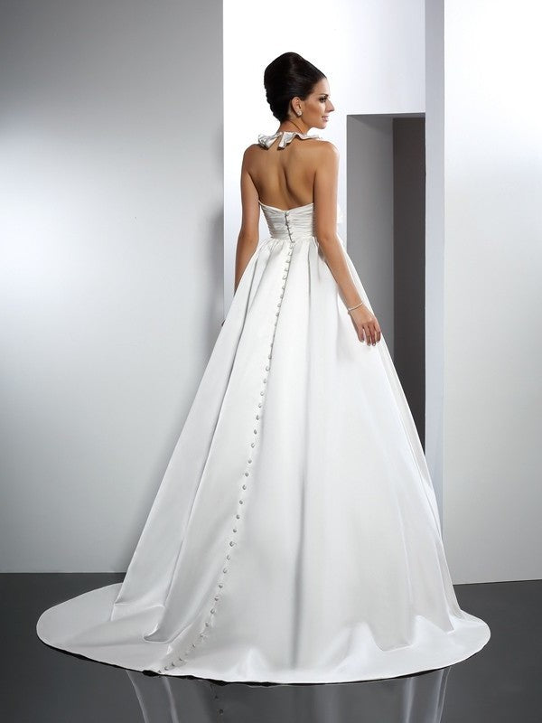 A-Line/Princess Halter Hand-Made Flower Sleeveless Long Satin Wedding Dresses DEP0006918