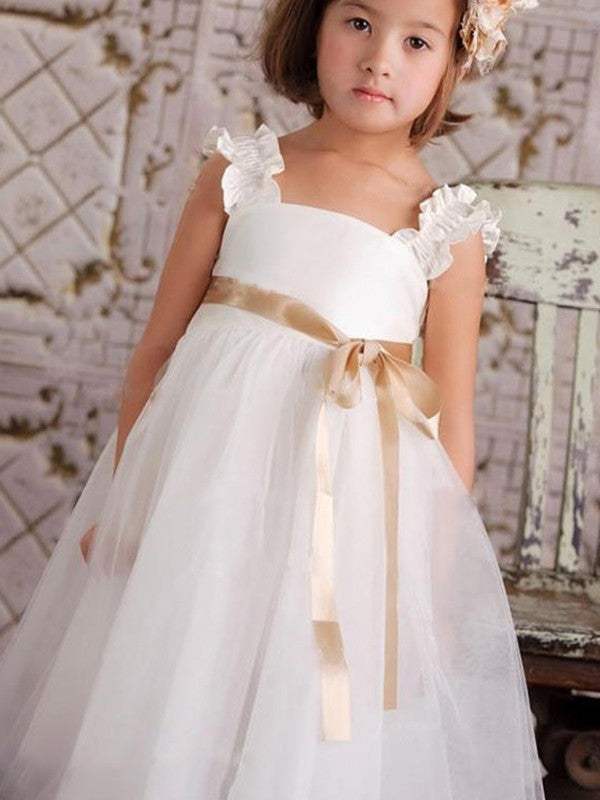 A-Line/Princess Sash/Ribbon/Belt Straps Sleeveless Tulle Ankle-Length Flower Girl Dresses DEP0007818