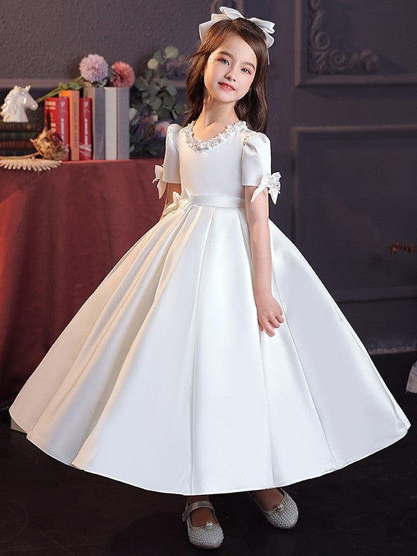 A-Line/Princess Satin Bowknot Jewel Short Sleeves Tea-Length Flower Girl Dresses DEP0007510