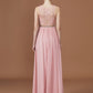 A-Line/Princess Lace Sleeveless Floor-Length Chiffon Ruched V-neck Bridesmaid Dresses DEP0005862