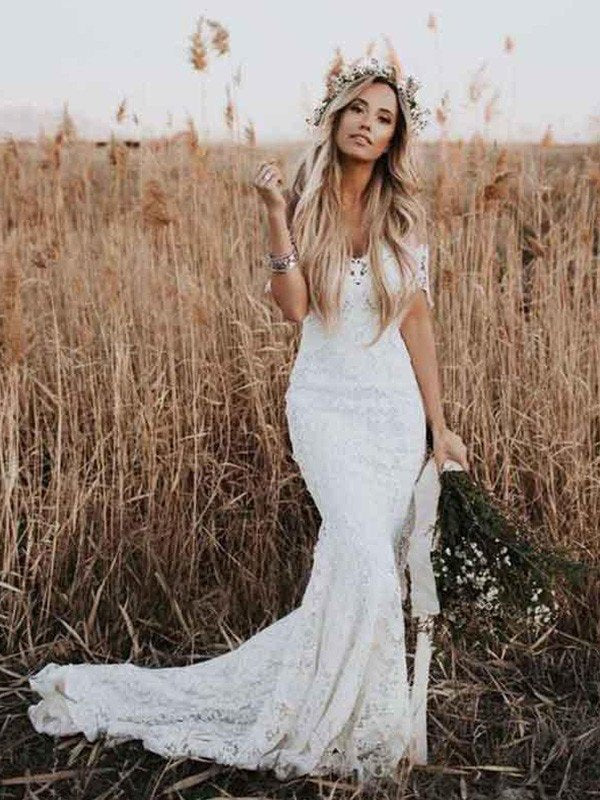 Trumpet/Mermaid Lace Applique Off-the-Shoulder Short Sleeves Court Train Wedding Dresses DEP0006221