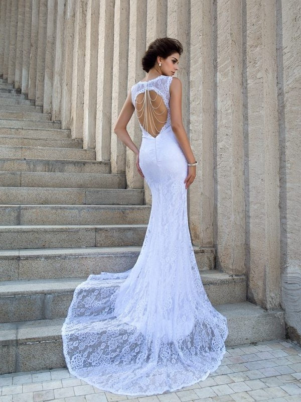 Sheath/Column Straps Lace Sleeveless Long Lace Wedding Dresses DEP0006731