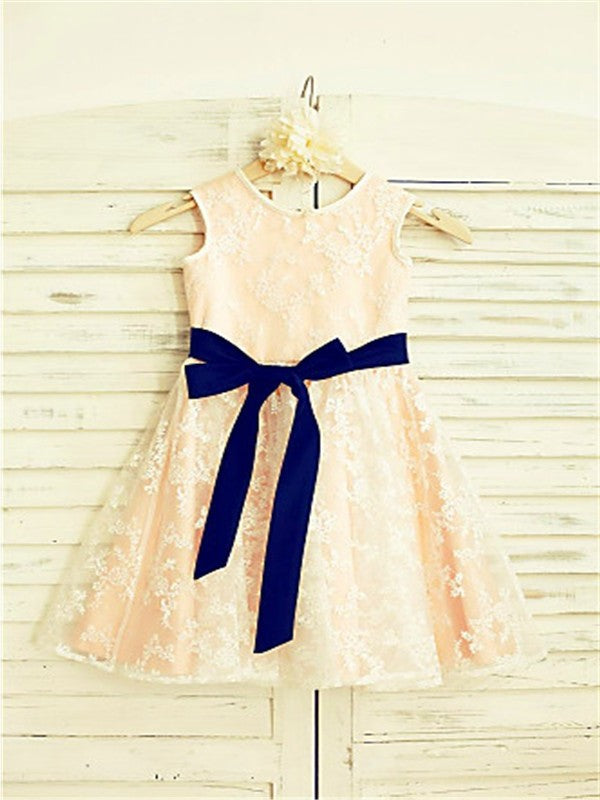 A-line/Princess Scoop Bowknot Sleeveless Ankle-Length Lace Flower Girl Dresses DEP0007897