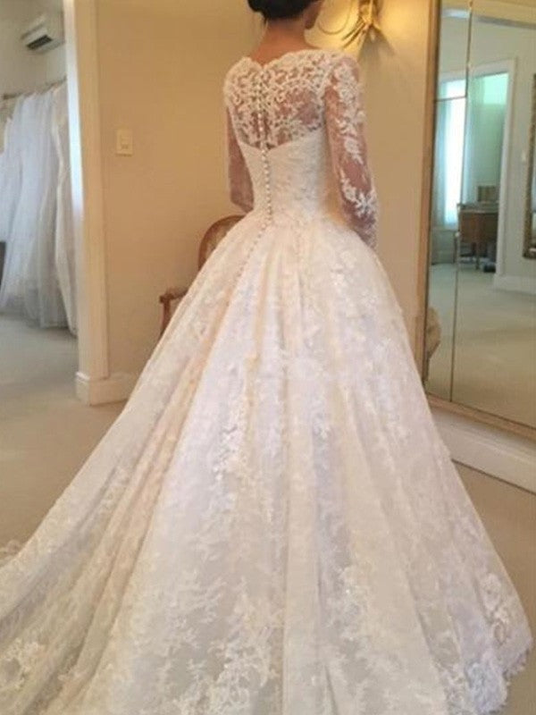 Ball Gown Long Sleeves Scoop Cathedral Train Ruffles Lace Wedding Dresses DEP0006348