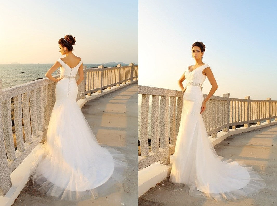 Sheath/Column V-neck Pleats Sleeveless Long Net Beach Wedding Dresses DEP0006191