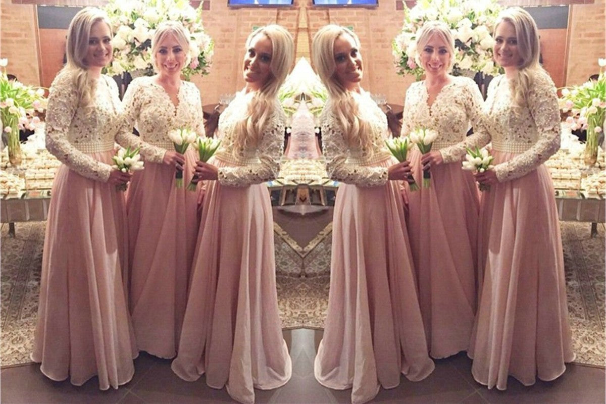 A-Line/Princess Long Sleeves V-neck Floor-Length Lace Chiffon Bridesmaid Dresses DEP0005083