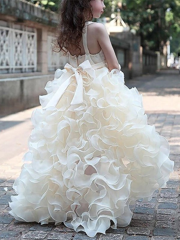 A-line/Princess V-neck Sleeveless Asymmetrical Organza Ruffles Flower Girl Dresses DEP0007808