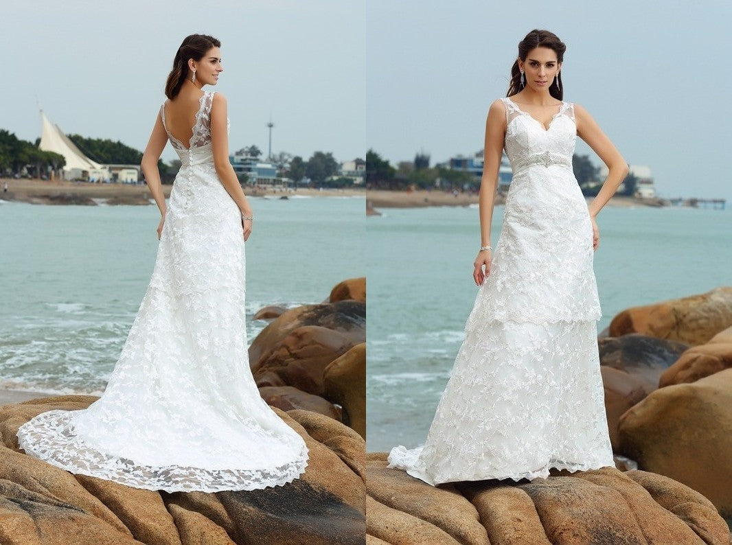 A-Line/Princess Straps Applique Sleeveless Long Satin Beach Wedding Dresses DEP0006835