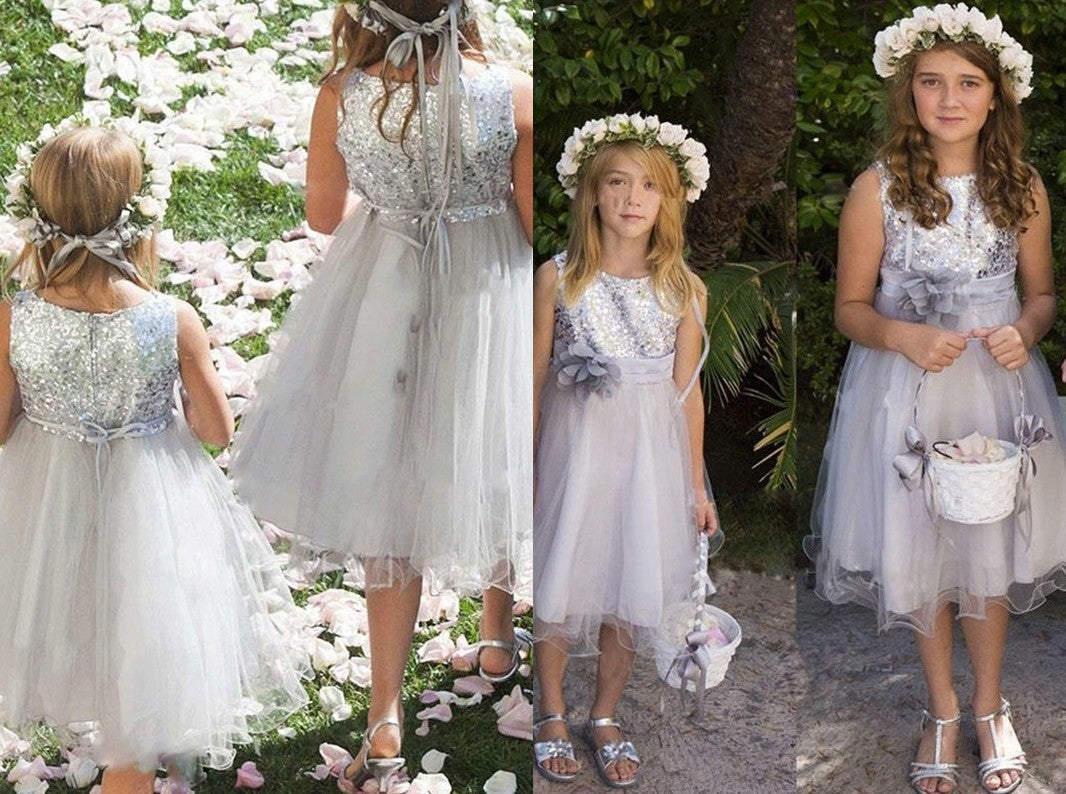 A-Line/Princess Hand-Made Flower Tulle Scoop Sleeveless Tea-Length Flower Girl Dresses DEP0007882