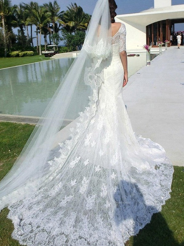 Trumpet/Mermaid 1/2 Sleeves Square Cathedral Train Applique Lace Wedding Dresses DEP0006540