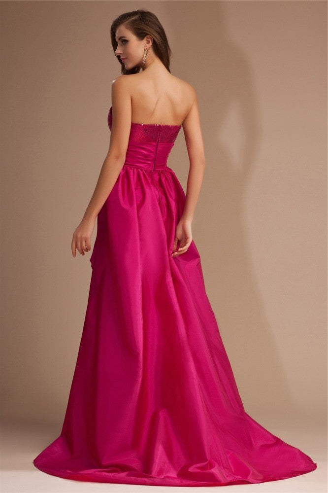 A-Line/Princess Strapless Sequin Lace Sleeveless High Low Taffeta Dresses DEP0004418