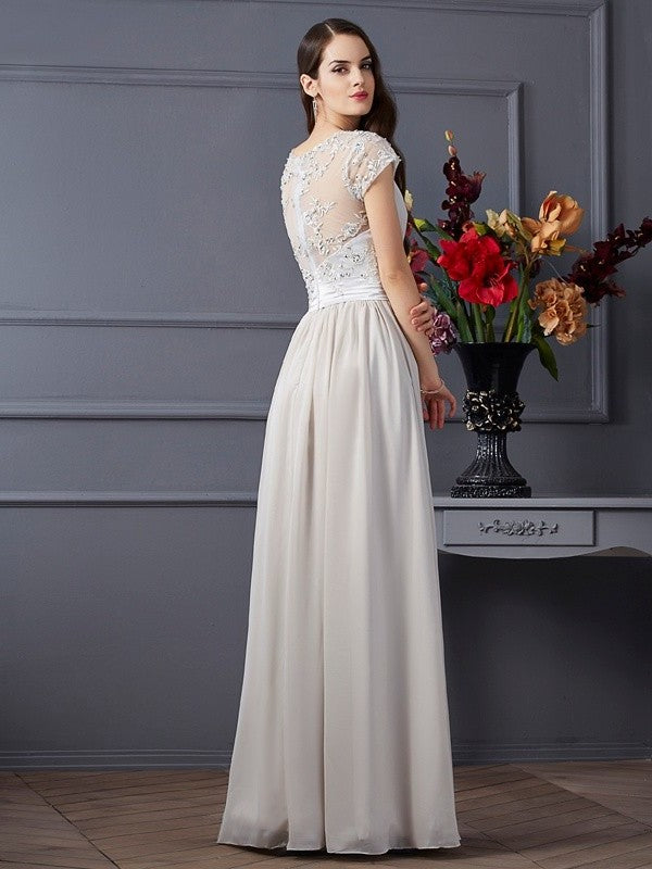 A-Line/Princess Sweetheart Short Sleeves Beading Long Chiffon Dresses DEP0002881