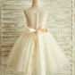 A-Line/Princess Tea-Length Scoop Lace Sleeveless Tulle Flower Girl Dresses DEP0007770