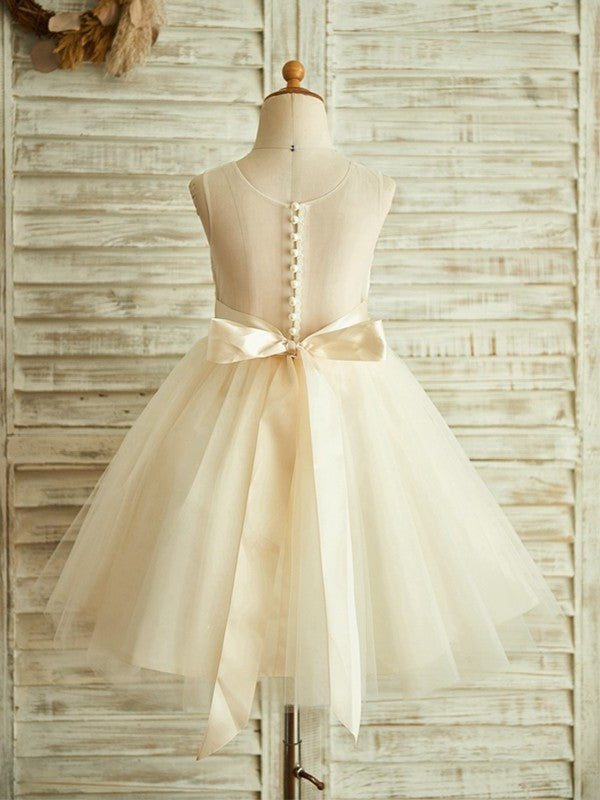 A-Line/Princess Tea-Length Scoop Lace Sleeveless Tulle Flower Girl Dresses DEP0007770