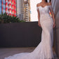 Sheath/Column Lace Sleeveless Off-the-Shoulder Applique Court Train Wedding Dresses DEP0005978