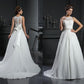 A-Line/Princess High Neck Beading Sleeveless Long Satin Wedding Dresses DEP0006597