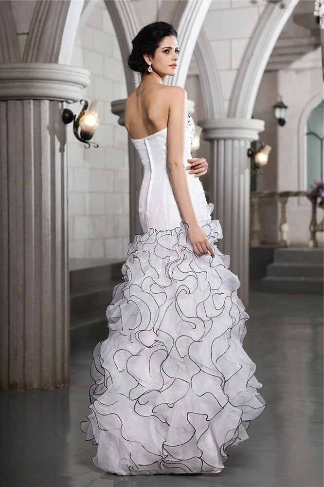 Sheath/Column Strapless Sleeveless Beading Long Organza Wedding Dresses DEP0006847
