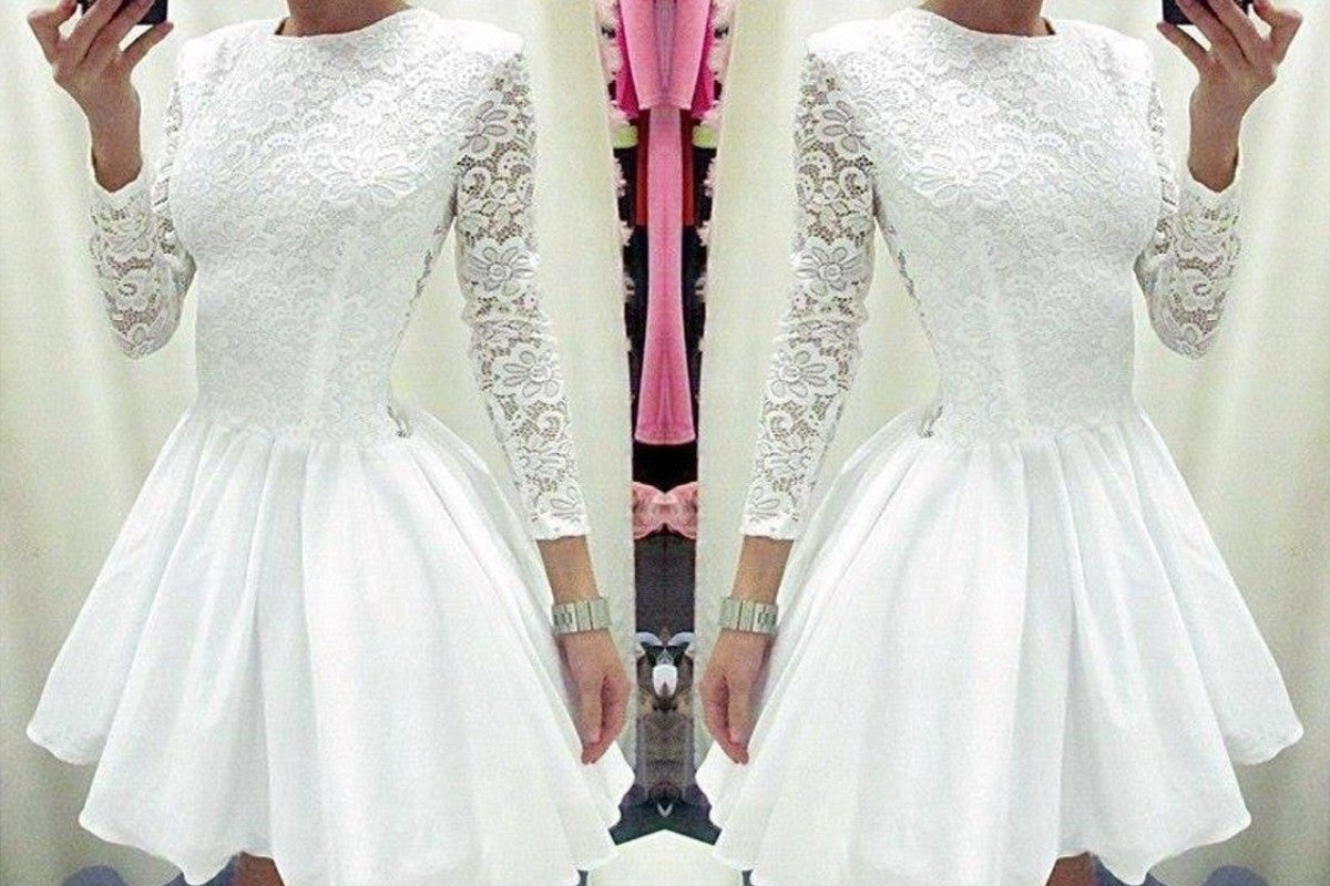 A-Line/Princess Long Sleeves Scoop Lace Chiffon Short/Mini Dresses DEP0008173