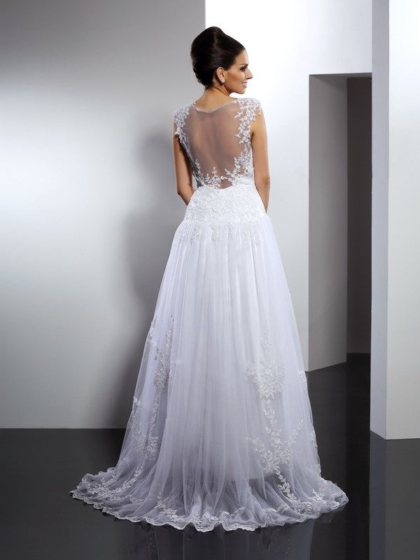 A-Line/Princess Straps Applique Sleeveless Long Lace Wedding Dresses DEP0006277